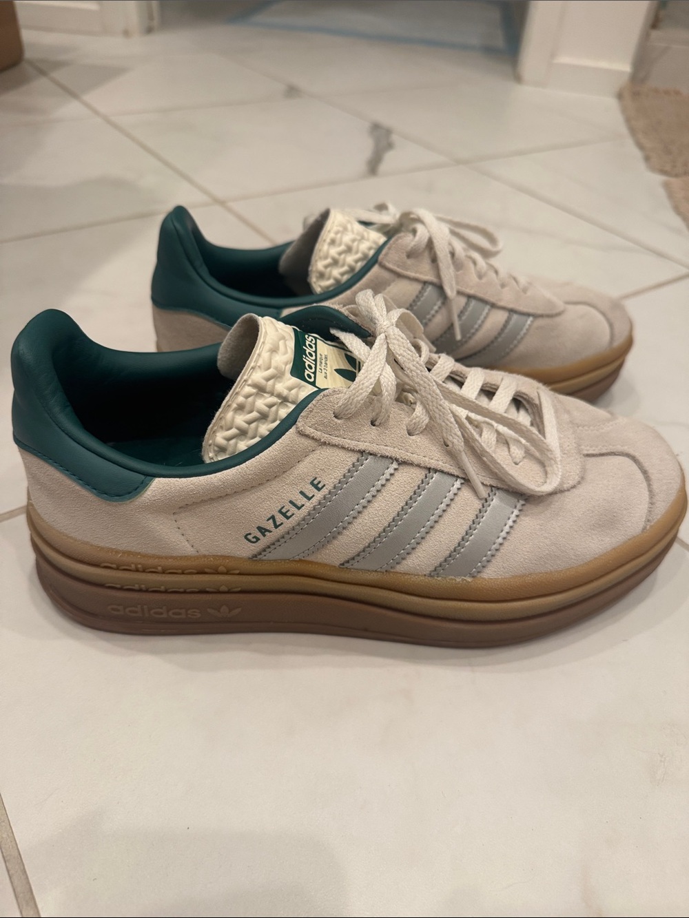 adidas Gazelle Women's Cream Sneakers with Green Heel and Gum Sole